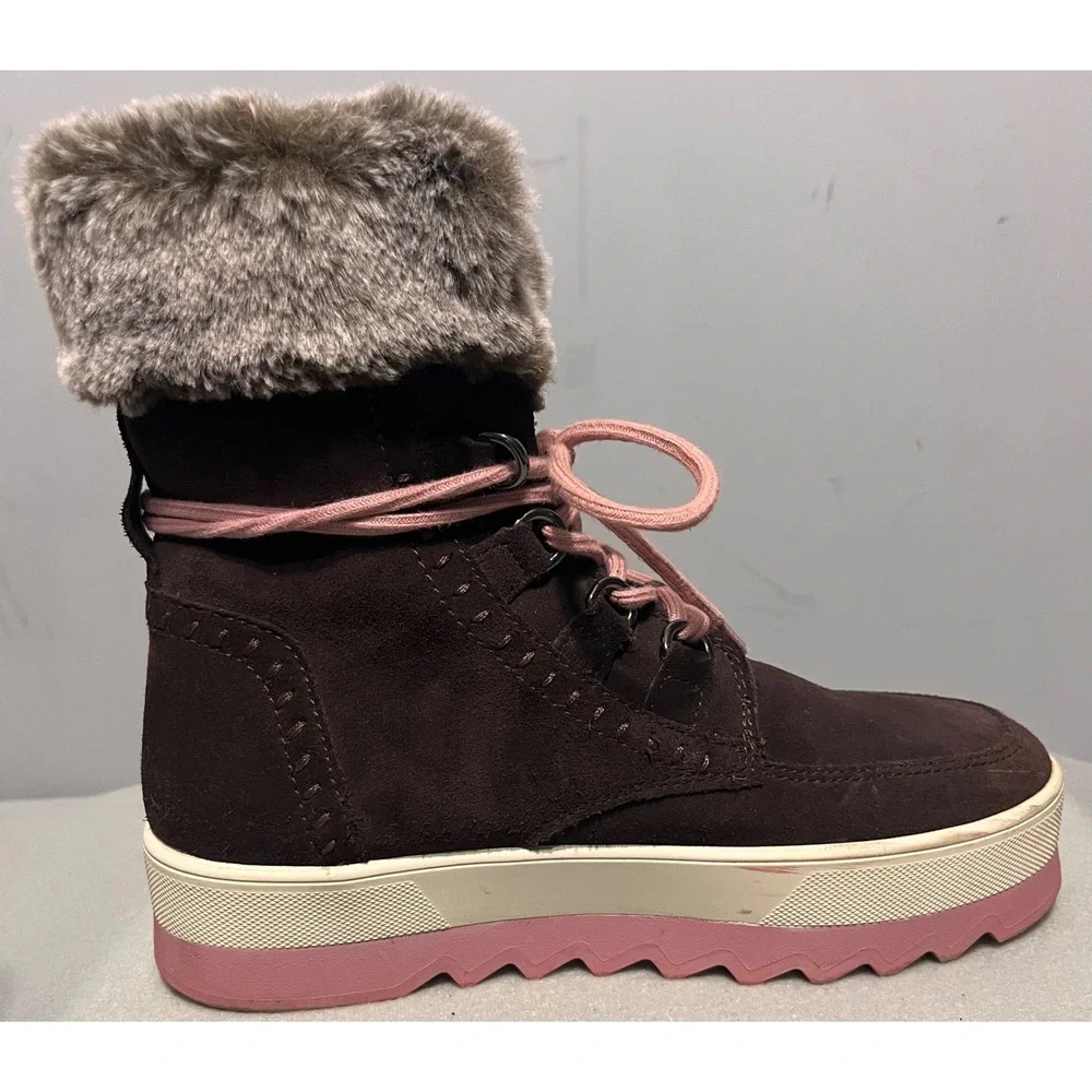 Cougar Women Vanetta Brown Suede Faux Fur Trim Winter Boots Pink Sawtooth Sole 8